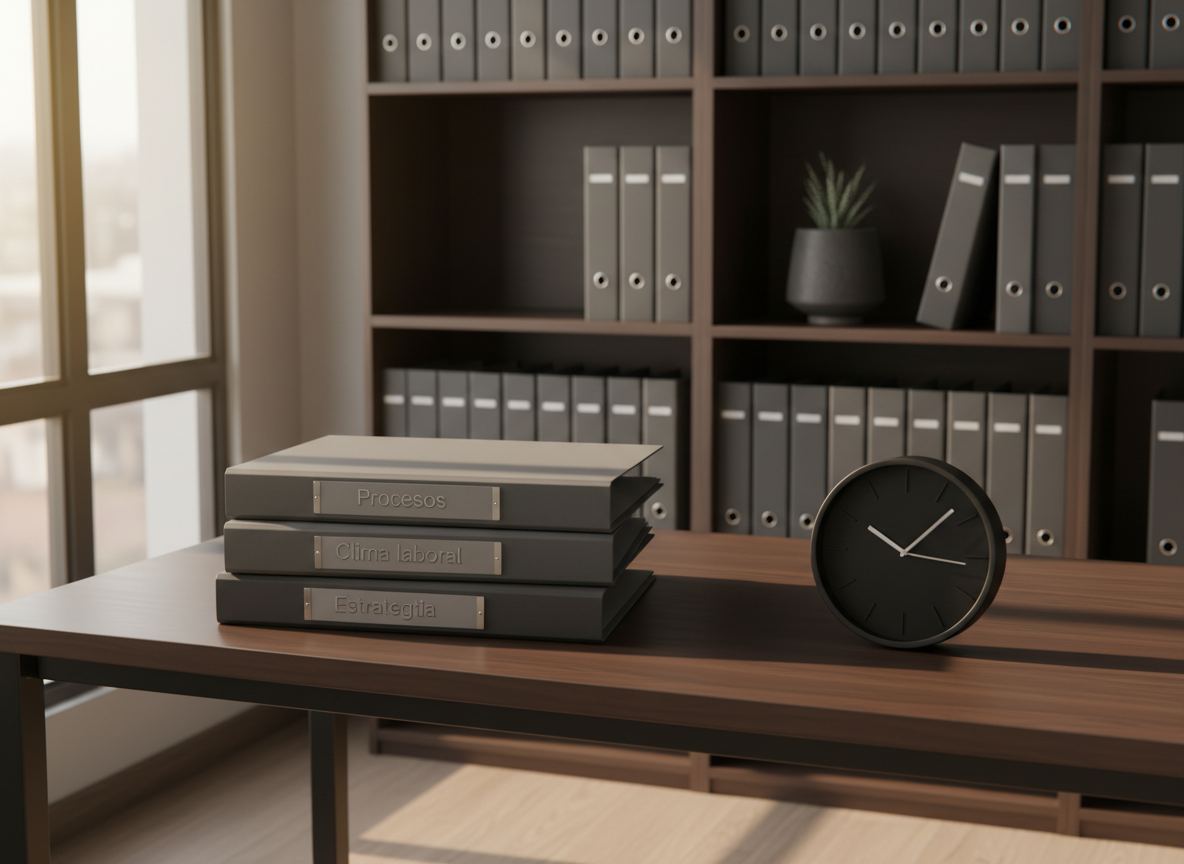 A serene workspace corner featuring a dark walnut desk with an impeccably aligned stack of corporate folders labeled with discrete metallic tags such as “Procesos,” “Clima laboral,” and “Estrategia.” Beside them, a matte-black analog clock with minimalist silver hands conveys a sense of disciplined timing. Behind the desk, a tall shelving unit holds uniformly arranged binders and a single sculptural plant in a charcoal ceramic pot. Soft afternoon light enters from the left, casting subtle linear shadows and a warm, inviting glow. Shot from a slightly elevated angle with a moderate depth of field, the image feels composed, elegant, and organized. Photographic realism with a sophisticated, contemporary business aesthetic reflecting orderly consultancy work.