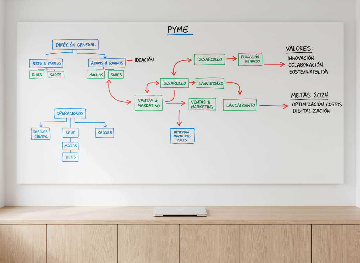 A carefully organized whiteboard wall filled with precise, color-coded diagrams of organizational charts, workflow arrows, and neatly written strategic keywords in Spanish, representing the ordered structure of a PYME. The whiteboard is mounted in a minimalist meeting room with pale oak cabinetry and a closed laptop resting on a slim console beneath. Soft overcast daylight filters through an unseen side window, creating gentle, shadowless illumination across the surface. The atmosphere is analytical yet calm, conveying clarity and methodical thinking. Photographed straight-on with sharp focus across the entire frame, the composition feels balanced and professional. The style is clean photographic realism, highlighting the sophistication of structured business coaching without visual clutter.